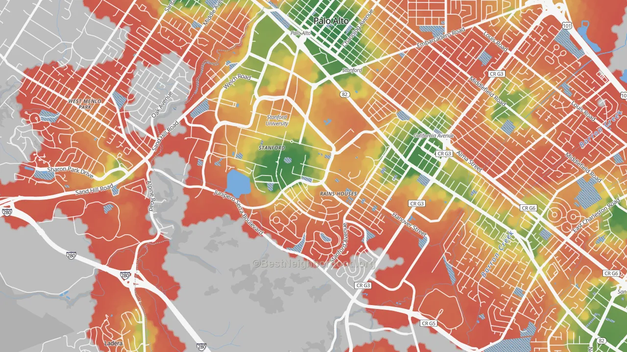 Walk Grade map of 94305, CA, walkable areas in green and car-dependent areas in red