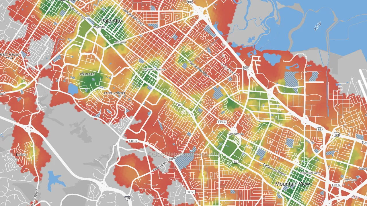 Walk Grade map of 94306, CA, walkable areas in green and car-dependent areas in red