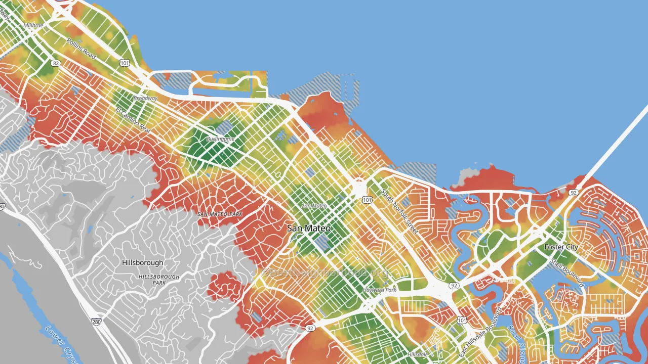 Walk Grade map of 94401, CA, walkable areas in green and car-dependent areas in red