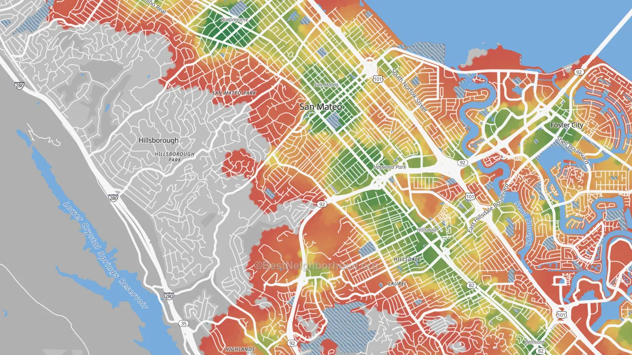 Walk Grade map of 94402, CA, walkable areas in green and car-dependent areas in red