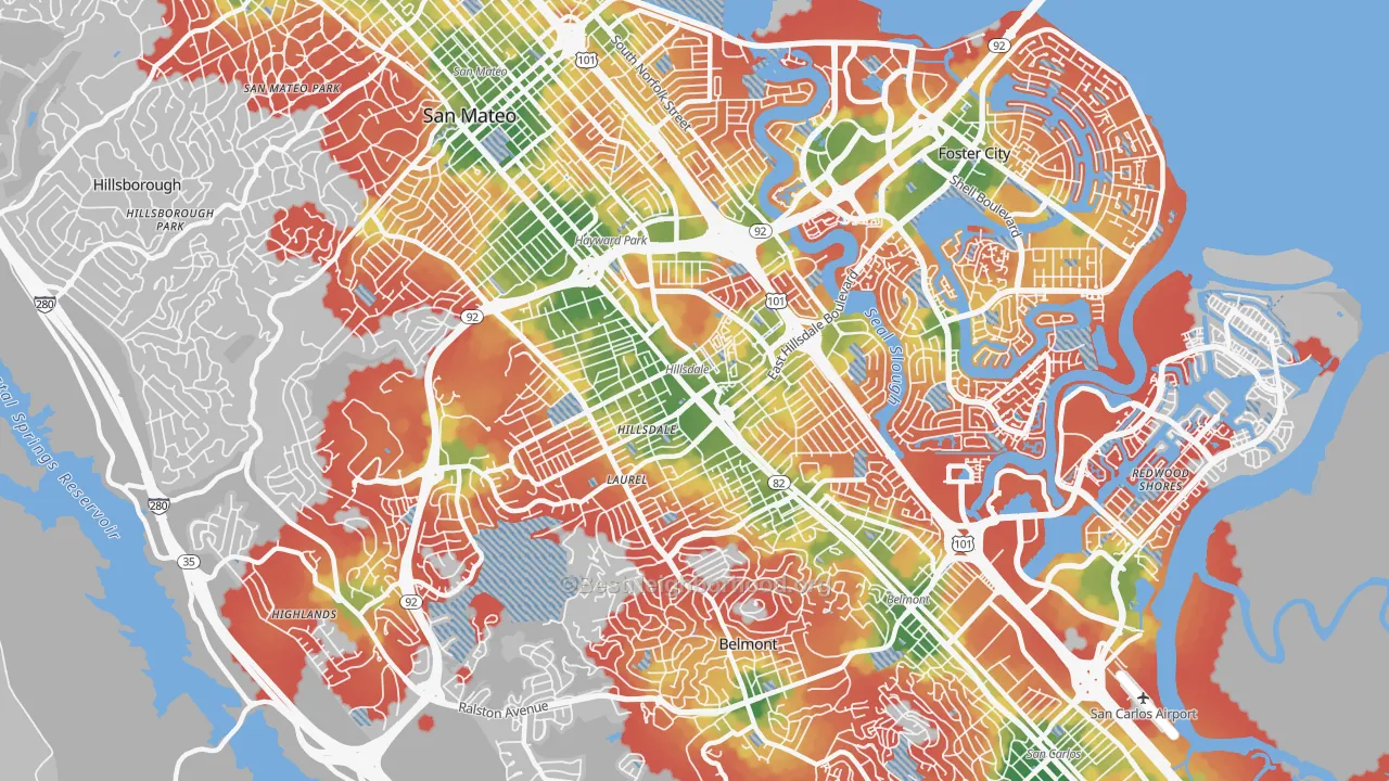 Walk Grade map of 94403, CA, walkable areas in green and car-dependent areas in red