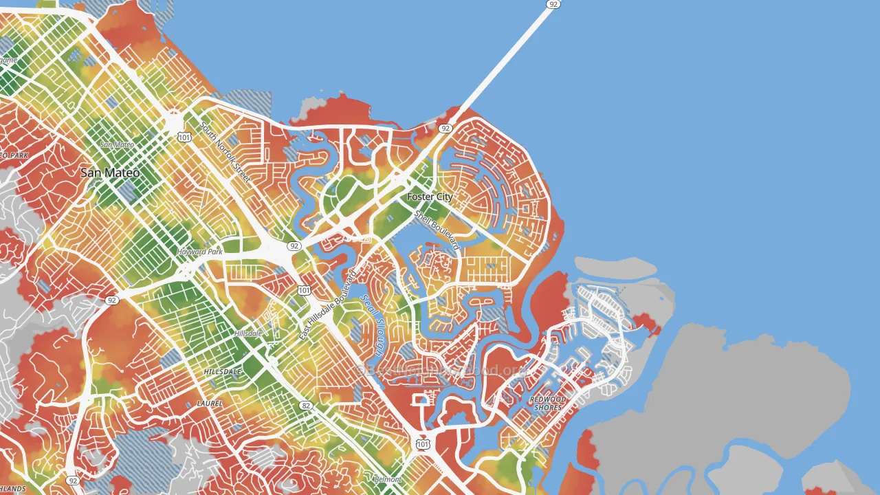 Walk Grade map of 94404, CA, walkable areas in green and car-dependent areas in red