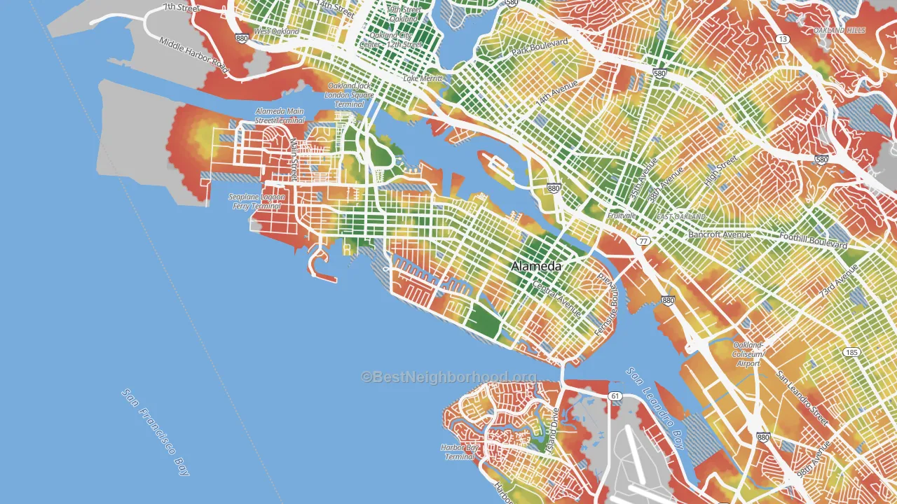 Walk Grade map of 94501, CA, walkable areas in green and car-dependent areas in red