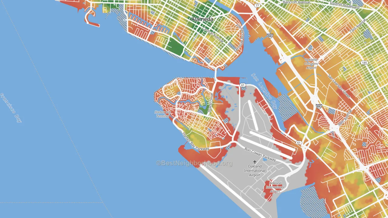 Walk Grade map of 94502, CA, walkable areas in green and car-dependent areas in red