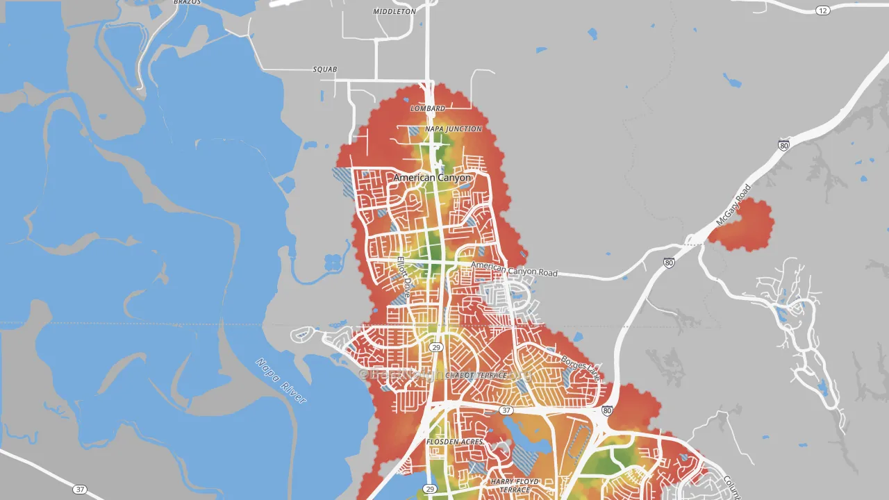 Walk Grade map of 94503, CA, walkable areas in green and car-dependent areas in red