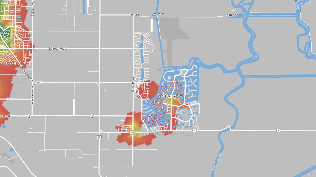 Walk Grade map of 94505, CA, walkable areas in green and car-dependent areas in red