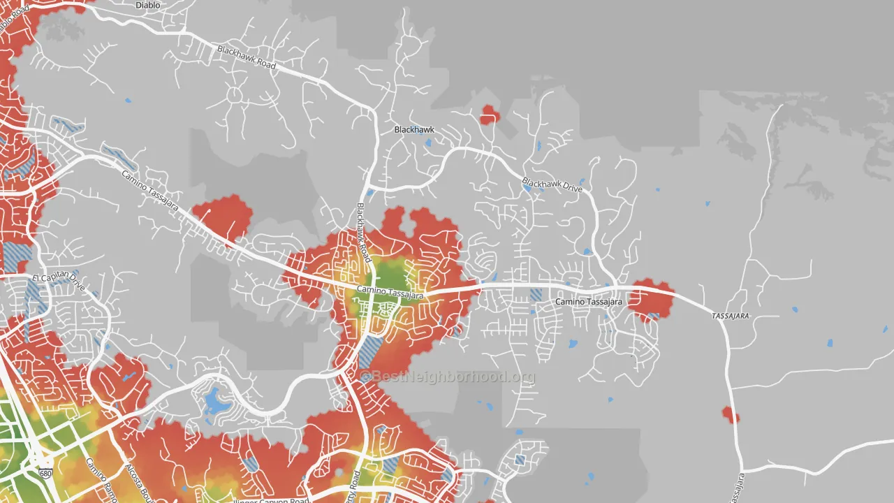 Walk Grade map of 94506, CA, walkable areas in green and car-dependent areas in red