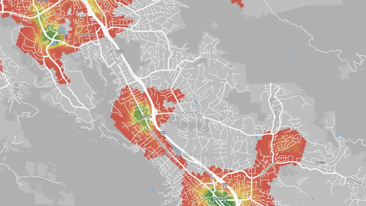 Walk Grade map of 94507, CA, walkable areas in green and car-dependent areas in red