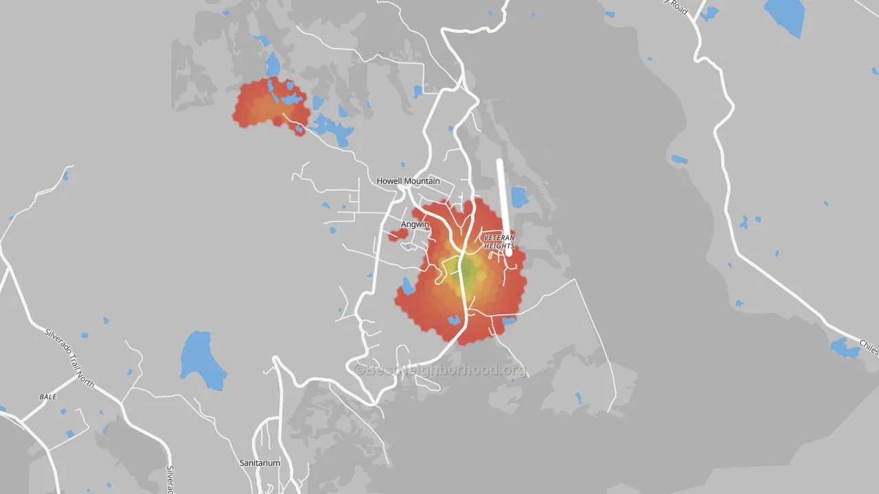 Walk Grade map of 94508, CA, walkable areas in green and car-dependent areas in red