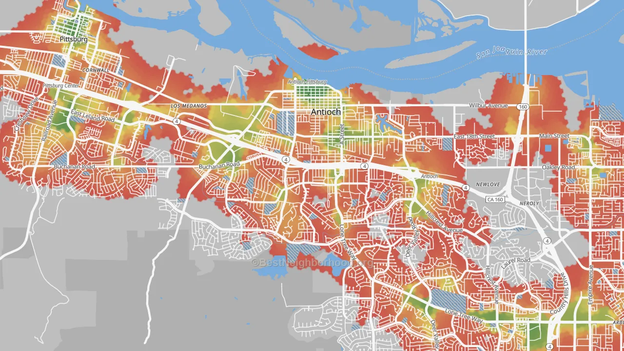 Walk Grade map of 94509, CA, walkable areas in green and car-dependent areas in red
