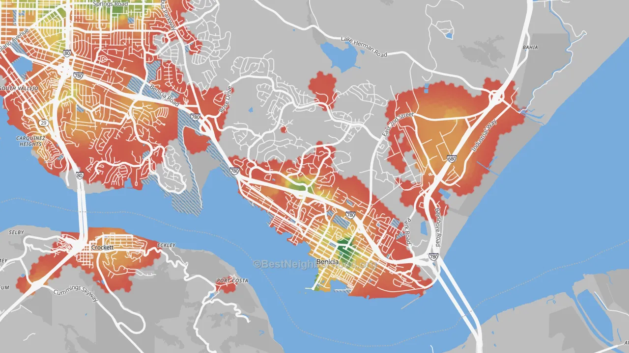 Walk Grade map of 94510, CA, walkable areas in green and car-dependent areas in red