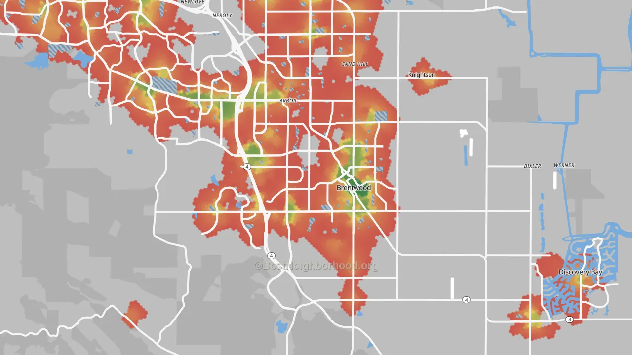 Walk Grade map of 94513, CA, walkable areas in green and car-dependent areas in red