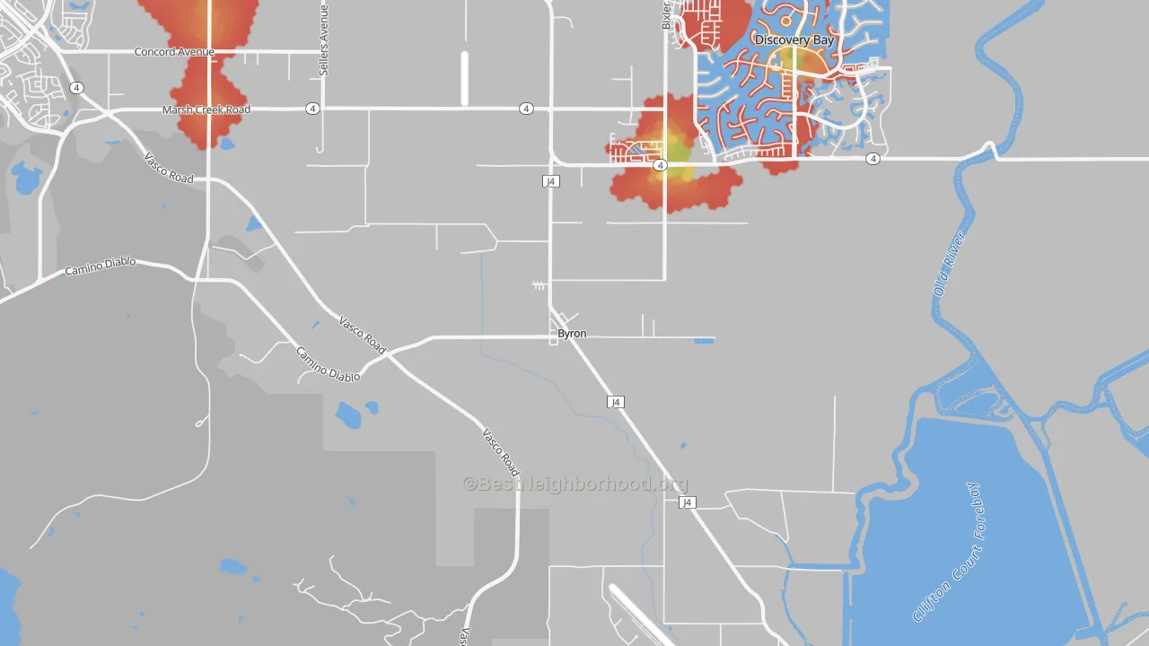 Walk Grade map of 94514, CA, walkable areas in green and car-dependent areas in red