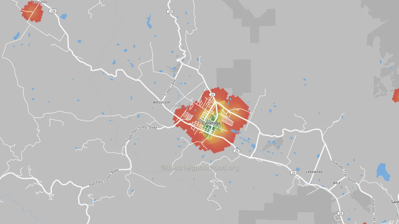 Walk Grade map of 94515, CA, walkable areas in green and car-dependent areas in red