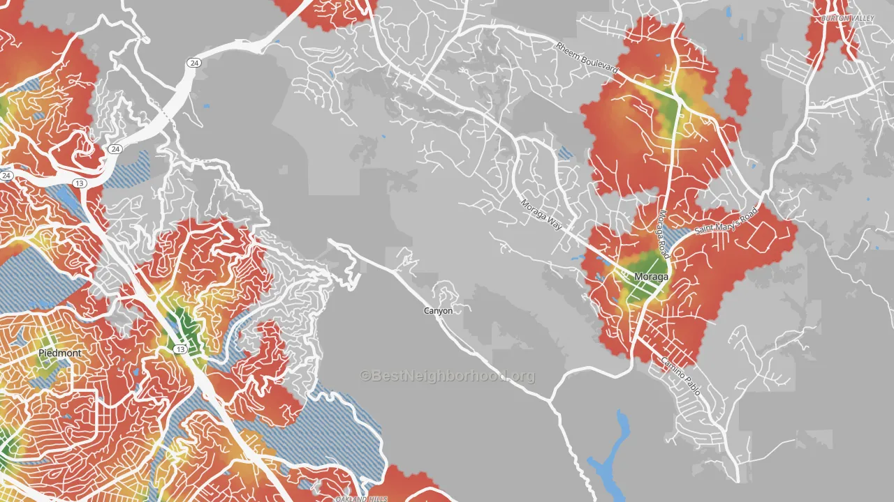 Walk Grade map of 94516, CA, walkable areas in green and car-dependent areas in red
