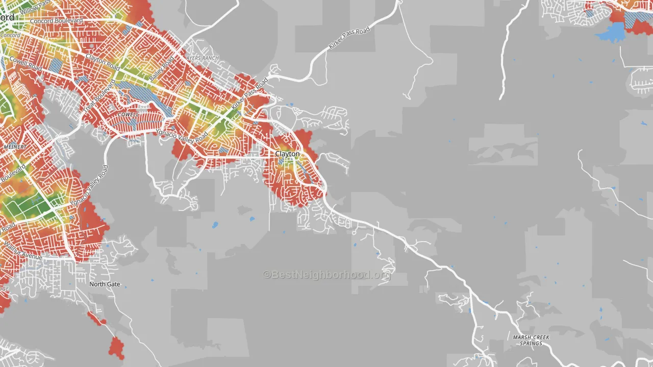 Walk Grade map of 94517, CA, walkable areas in green and car-dependent areas in red