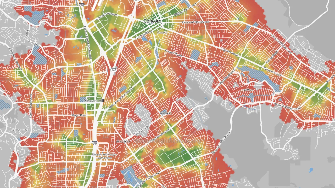 Walk Grade map of 94518, CA, walkable areas in green and car-dependent areas in red