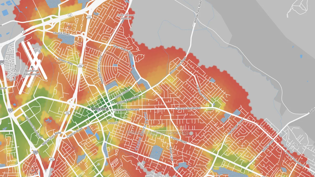 Walk Grade map of 94519, CA, walkable areas in green and car-dependent areas in red