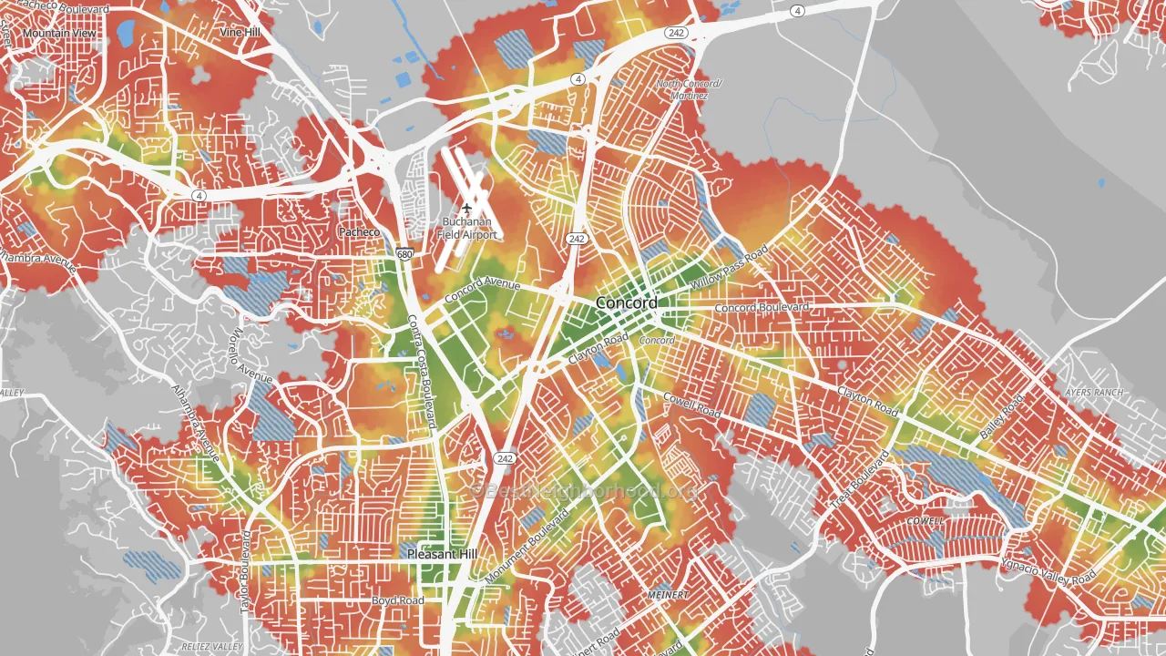Walk Grade map of 94520, CA, walkable areas in green and car-dependent areas in red