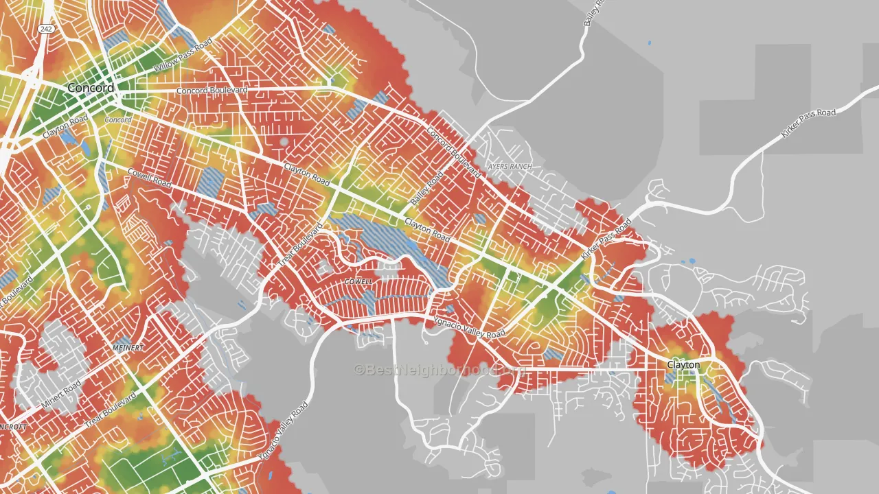 Walk Grade map of 94521, CA, walkable areas in green and car-dependent areas in red