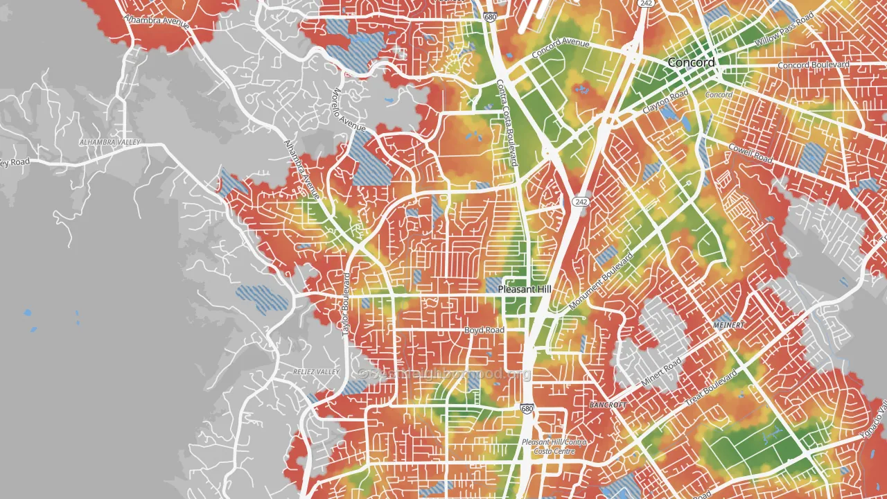 Walk Grade map of 94523, CA, walkable areas in green and car-dependent areas in red
