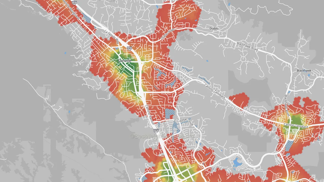 Walk Grade map of 94526, CA, walkable areas in green and car-dependent areas in red