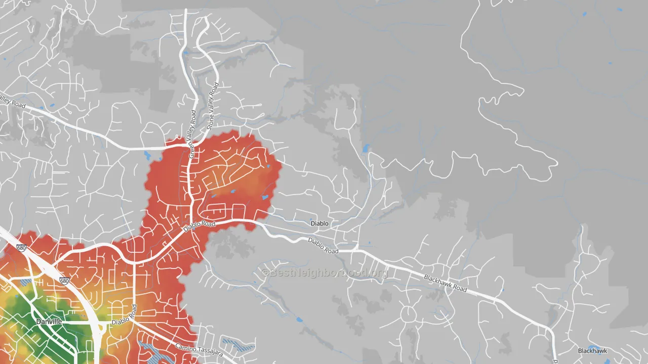 Walk Grade map of 94528, CA, walkable areas in green and car-dependent areas in red
