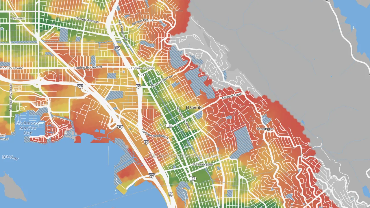 Walk Grade map of 94530, CA, walkable areas in green and car-dependent areas in red