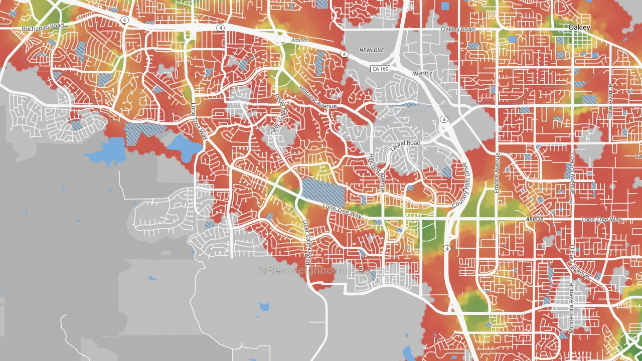 Walk Grade map of 94531, CA, walkable areas in green and car-dependent areas in red
