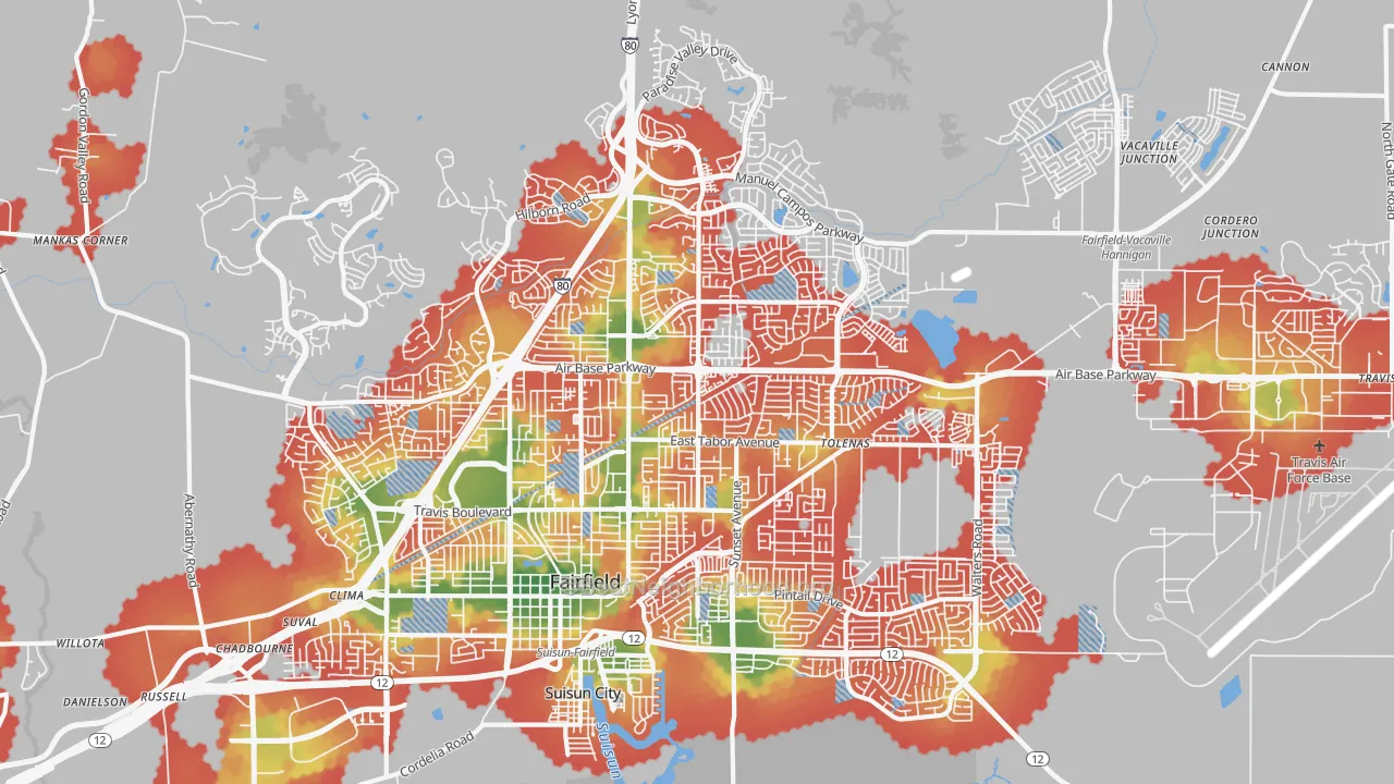 Walk Grade map of 94533, CA, walkable areas in green and car-dependent areas in red