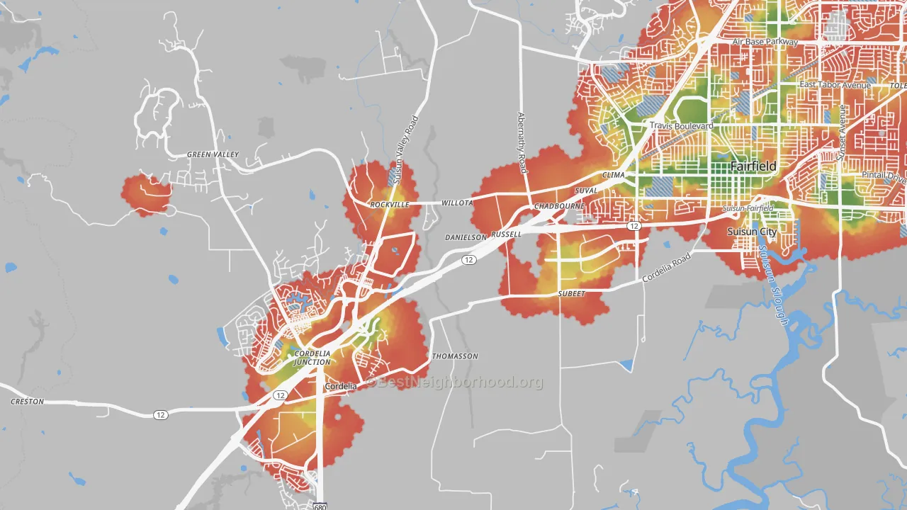 Walk Grade map of 94534, CA, walkable areas in green and car-dependent areas in red