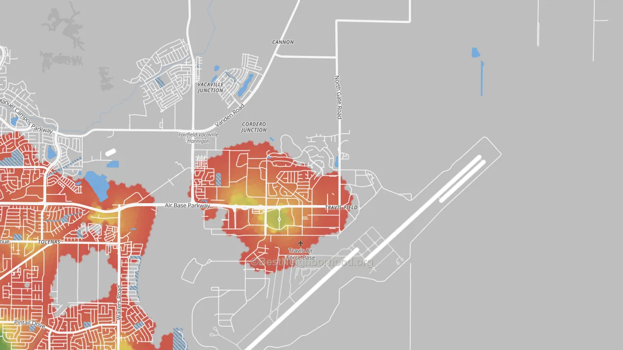 Walk Grade map of 94535, CA, walkable areas in green and car-dependent areas in red
