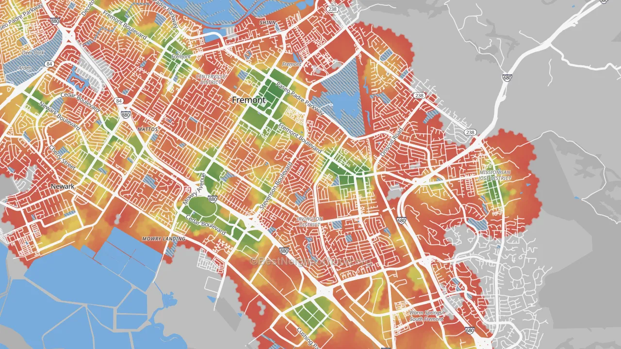 Walk Grade map of 94538, CA, walkable areas in green and car-dependent areas in red