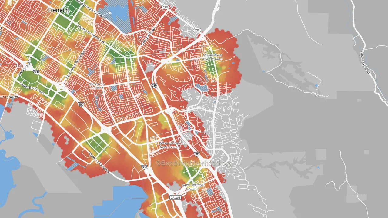 Walk Grade map of 94539, CA, walkable areas in green and car-dependent areas in red