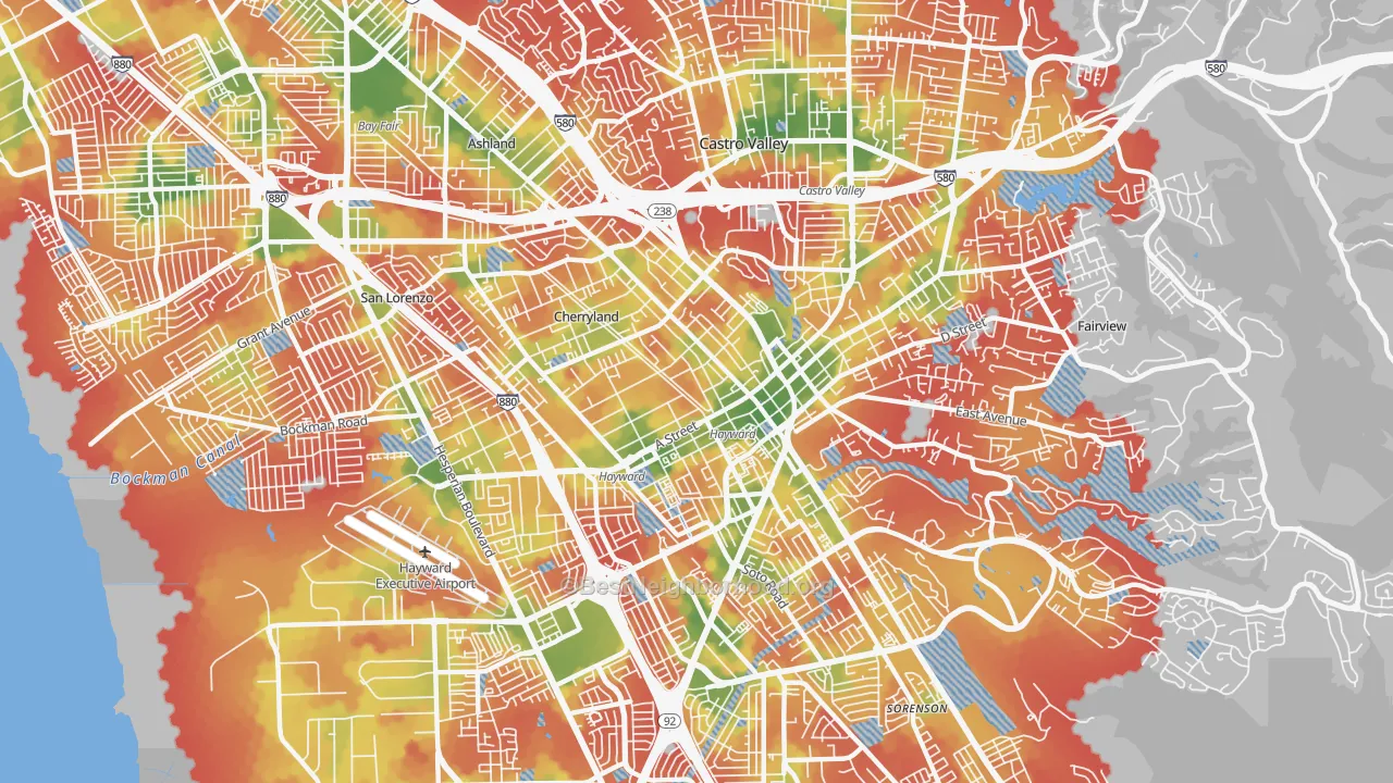 Walk Grade map of 94541, CA, walkable areas in green and car-dependent areas in red