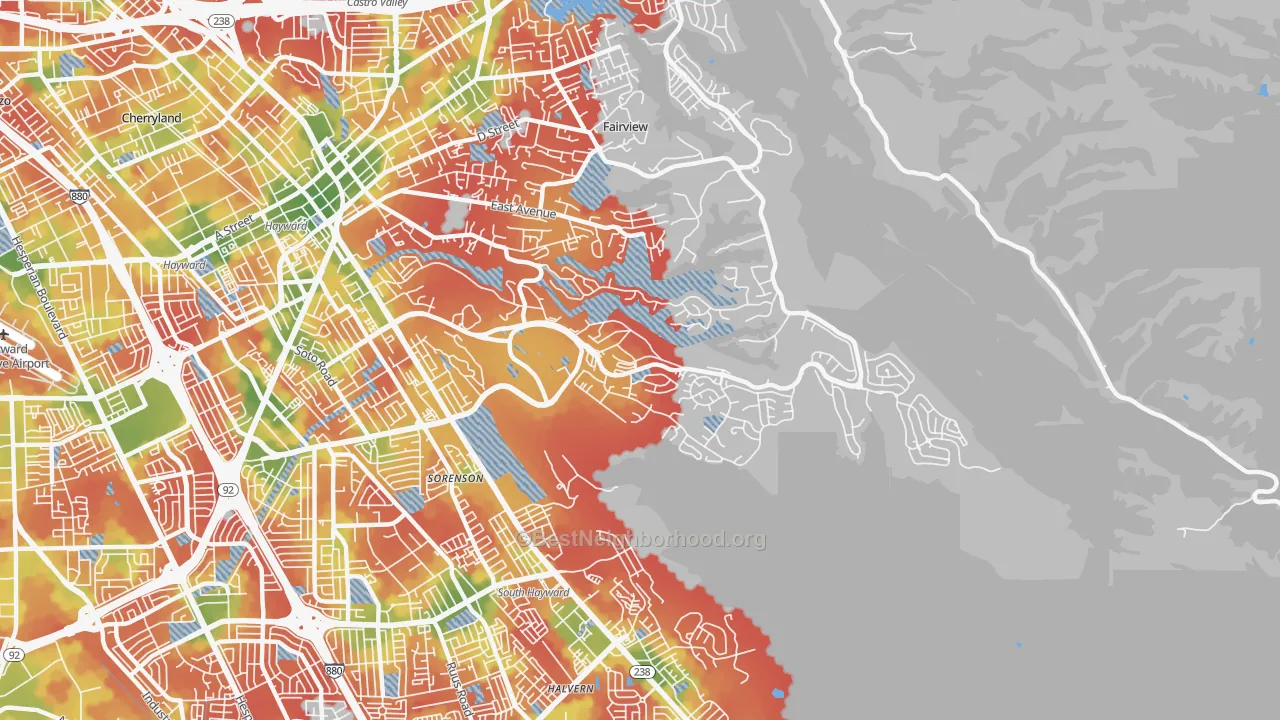 Walk Grade map of 94542, CA, walkable areas in green and car-dependent areas in red