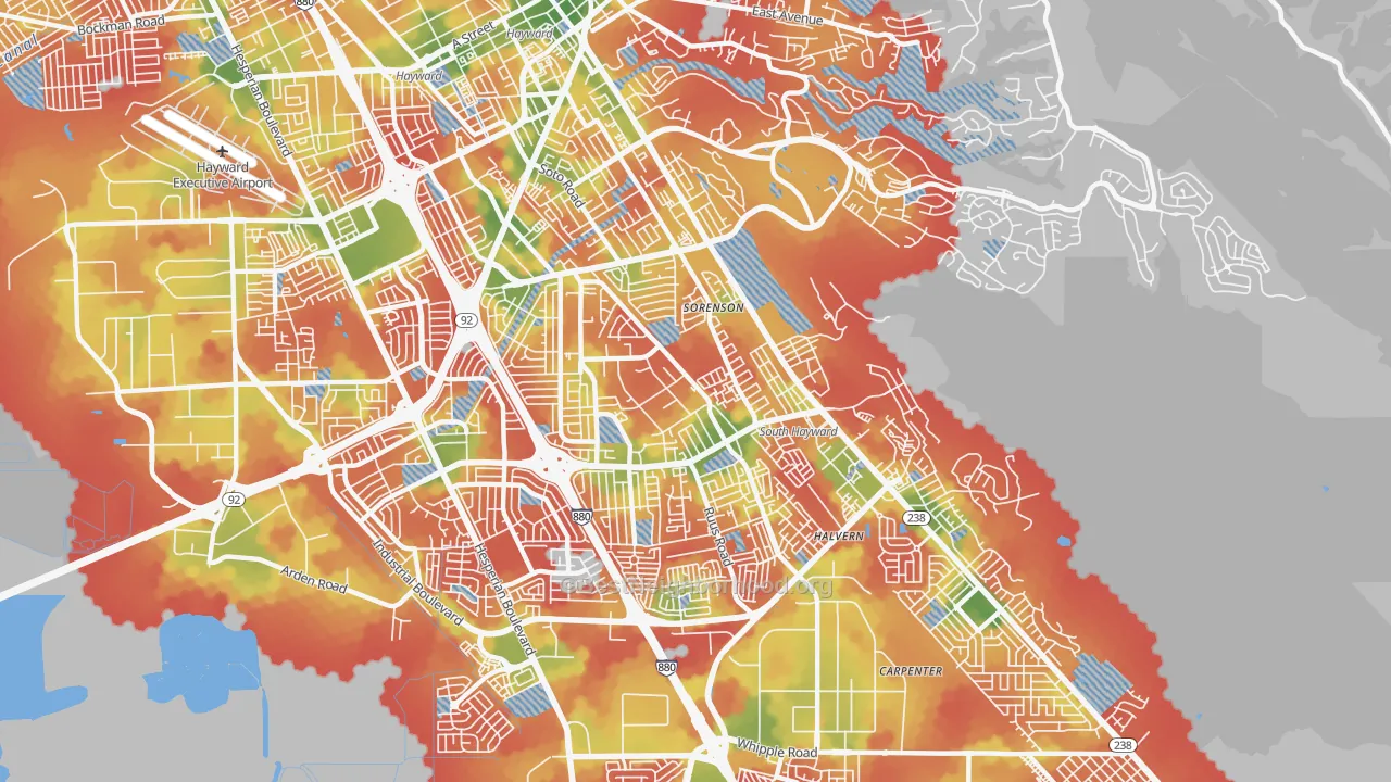 Walk Grade map of 94544, CA, walkable areas in green and car-dependent areas in red