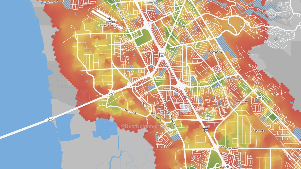 Walk Grade map of 94545, CA, walkable areas in green and car-dependent areas in red