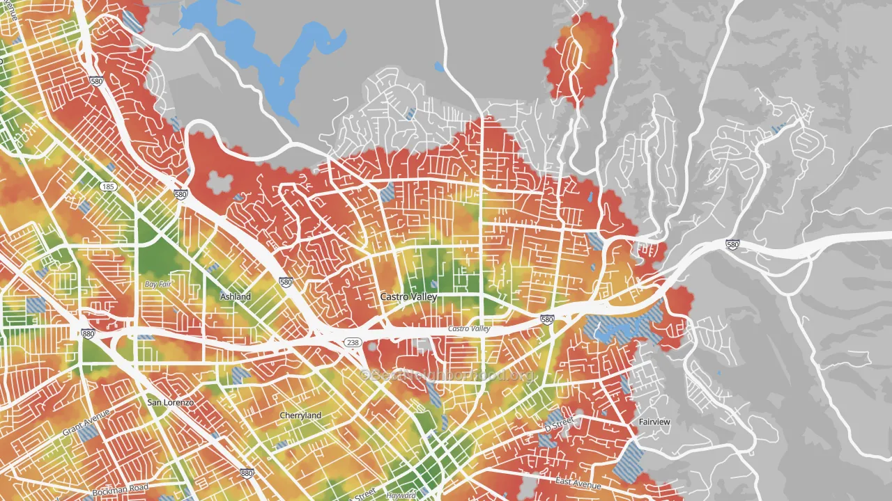 Walk Grade map of 94546, CA, walkable areas in green and car-dependent areas in red