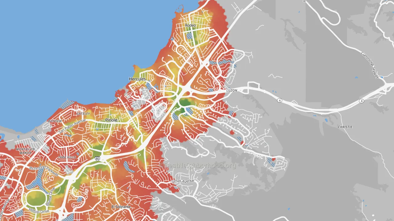Walk Grade map of 94547, CA, walkable areas in green and car-dependent areas in red