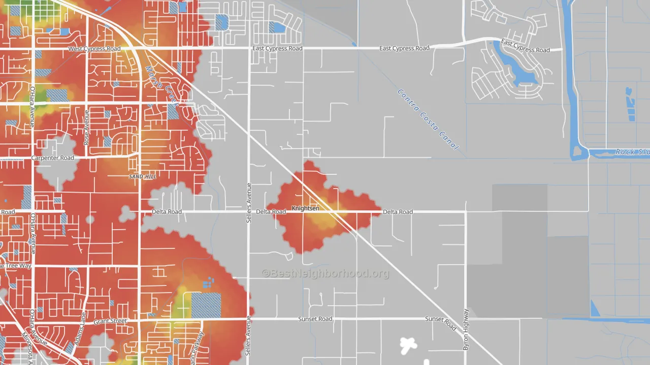 Walk Grade map of 94548, CA, walkable areas in green and car-dependent areas in red
