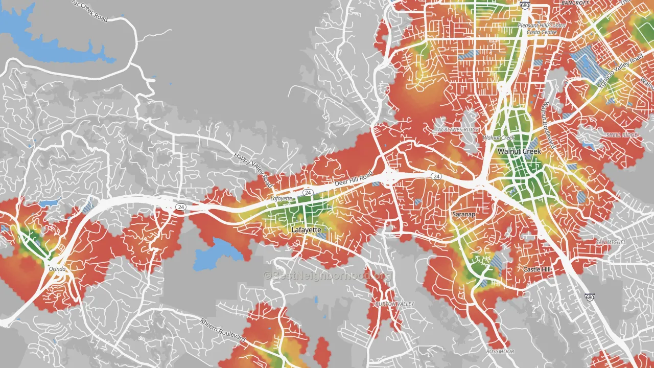 Walk Grade map of 94549, CA, walkable areas in green and car-dependent areas in red