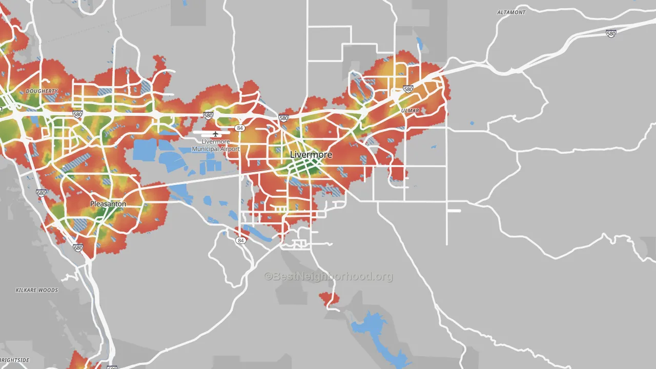 Walk Grade map of 94550, CA, walkable areas in green and car-dependent areas in red