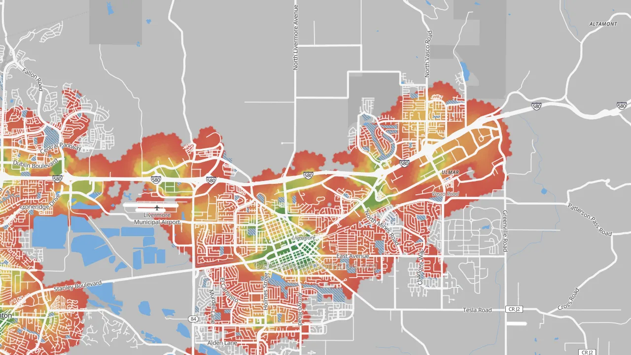 Walk Grade map of 94551, CA, walkable areas in green and car-dependent areas in red