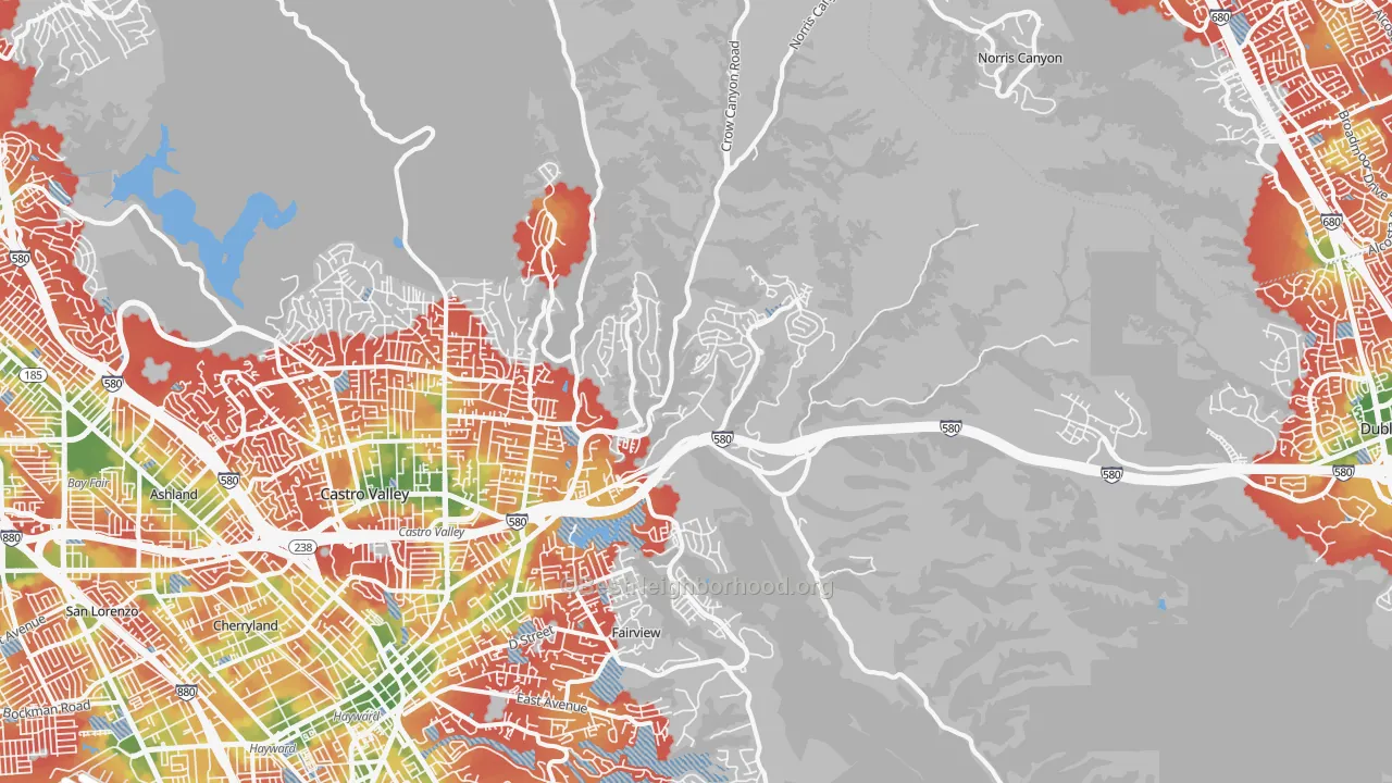 Walk Grade map of 94552, CA, walkable areas in green and car-dependent areas in red