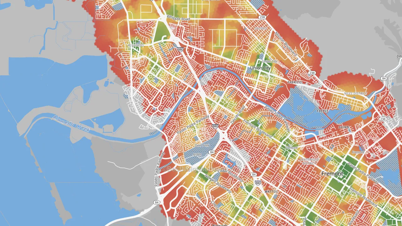 Walk Grade map of 94555, CA, walkable areas in green and car-dependent areas in red
