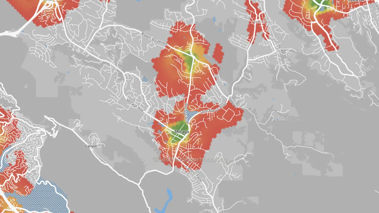 Walk Grade map of 94556, CA, walkable areas in green and car-dependent areas in red