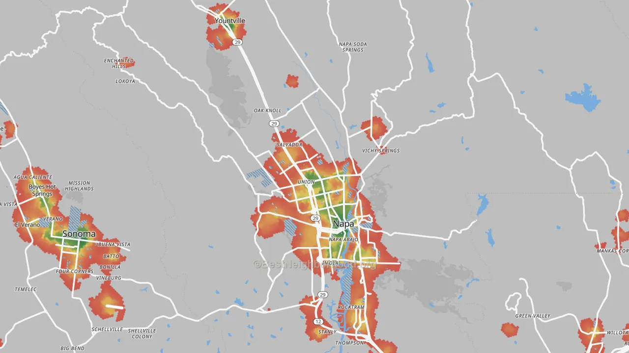Walk Grade map of 94558, CA, walkable areas in green and car-dependent areas in red