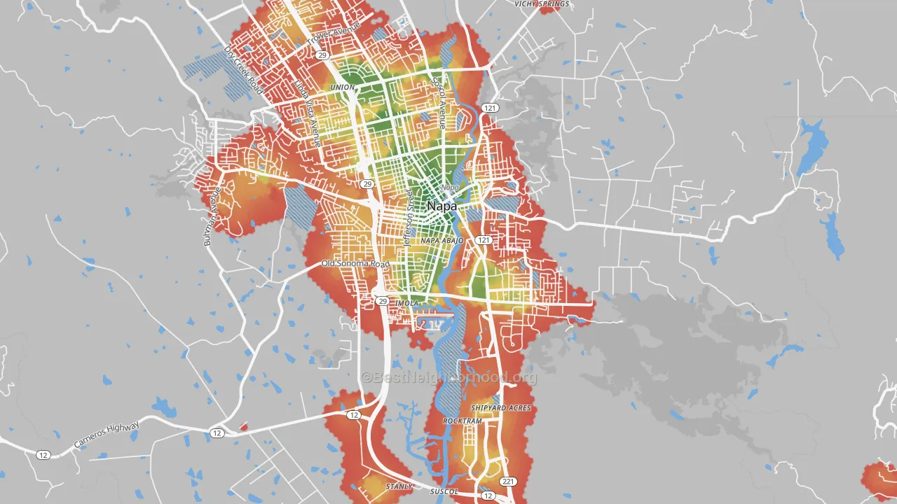 Walk Grade map of 94559, CA, walkable areas in green and car-dependent areas in red