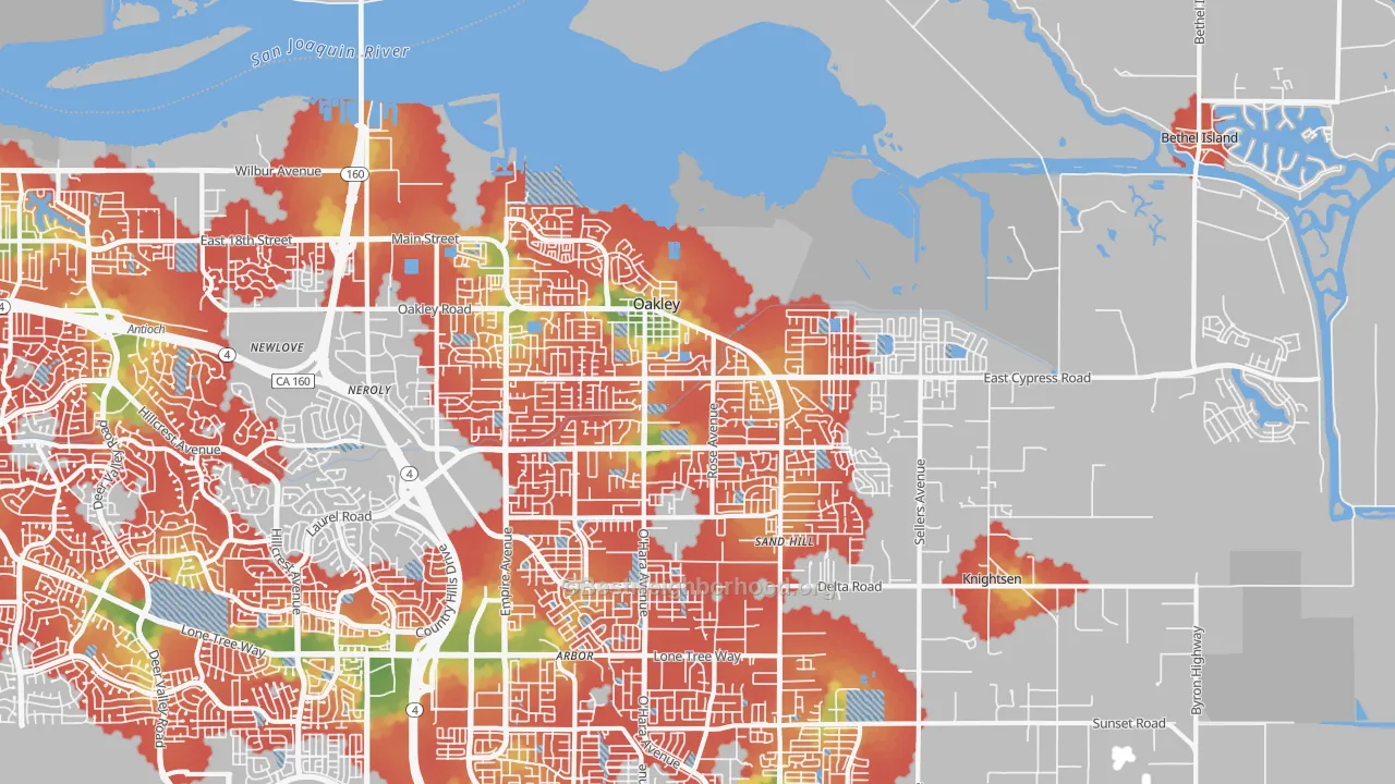 Walk Grade map of 94561, CA, walkable areas in green and car-dependent areas in red